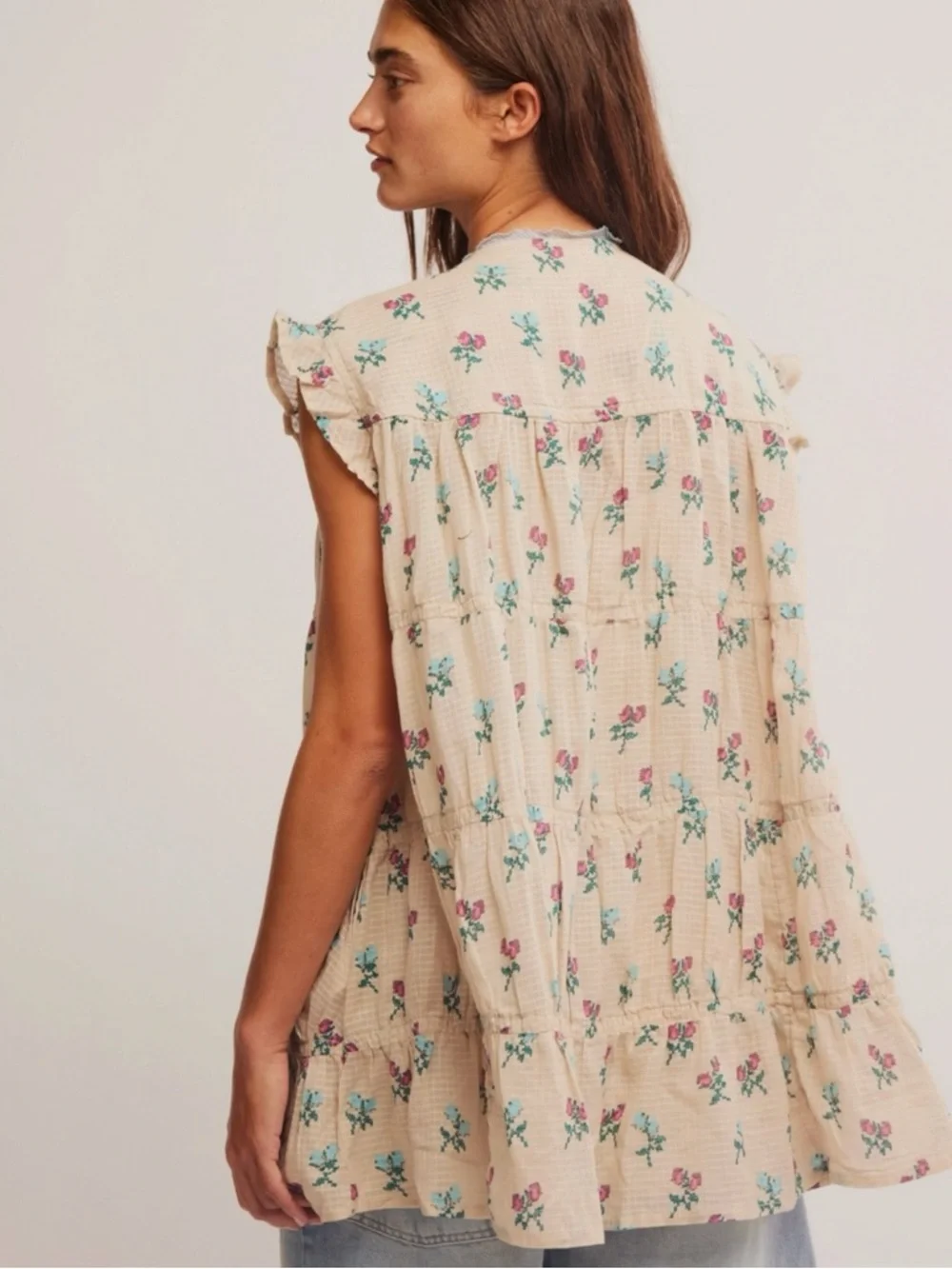 Free People Bohemian Prairie Sundown Mini Dress Tunic Top Ivory Combo Large - Picture 6 of 15